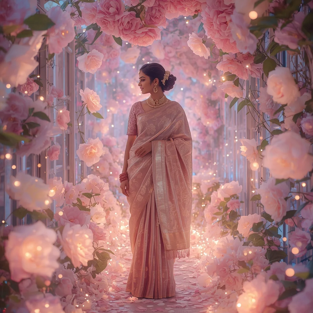 Festive Pastel Saree Celestial Camellia Aurora Crystal Dream Garden Collage Luxury | Ai Portrait Prompt