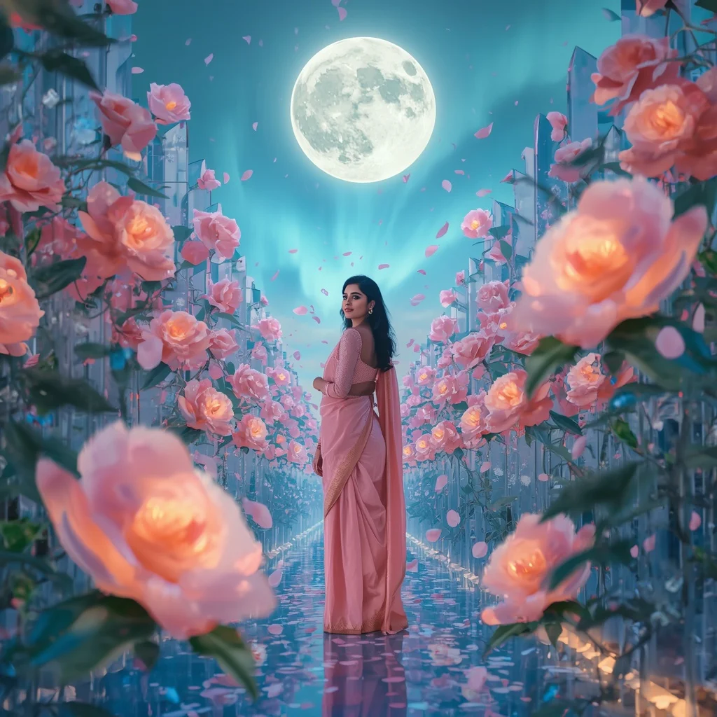 Festive Pastel Saree Celestial Camellia Aurora Crystal Moon Garden Collage Luxury | Travel Ai Prompt