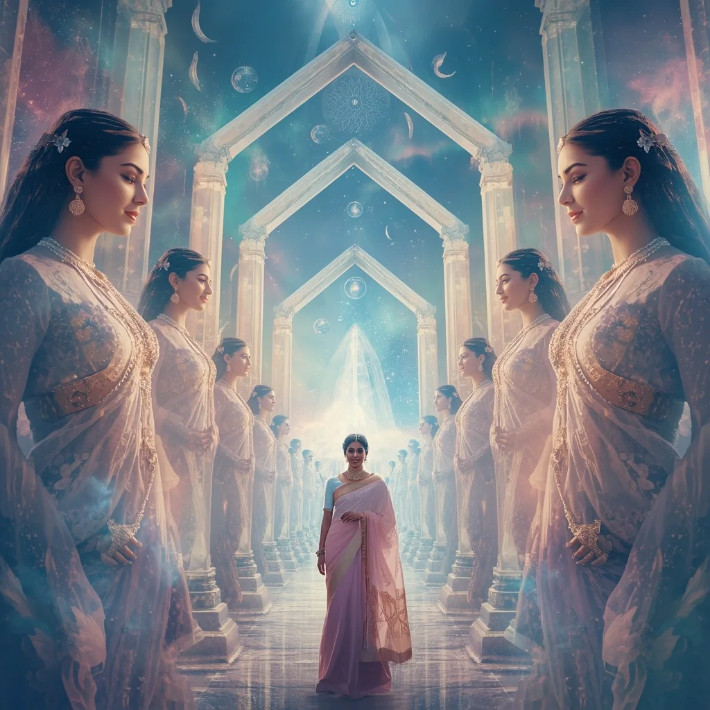 Festive Pastel Saree Celestial Crystal Aurora Sky Temple of Infinity Collage Premium | Prompt AI For Girl