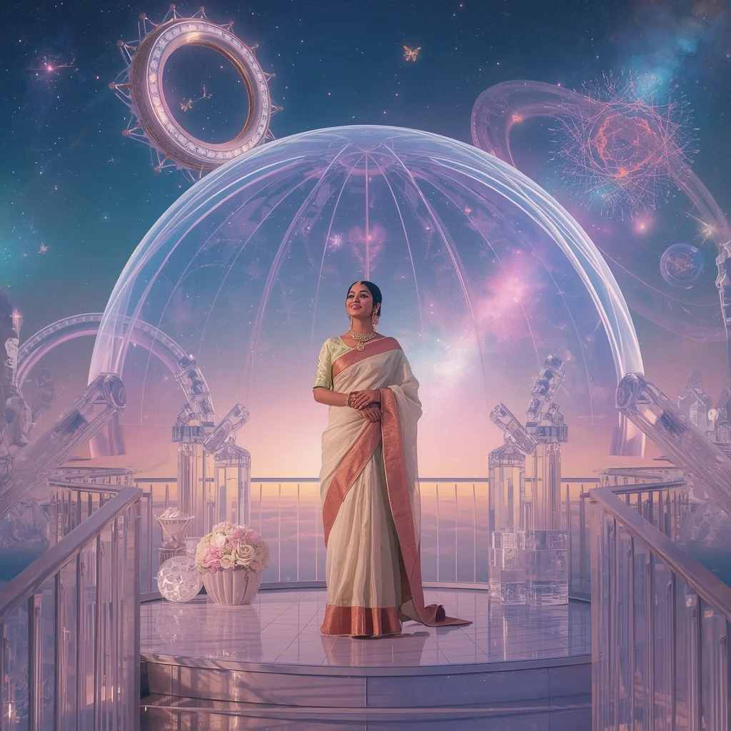 Festive Pastel Saree Celestial Crystal Dream Observatory Collage Premium | Pre Wedding Ai Prompt