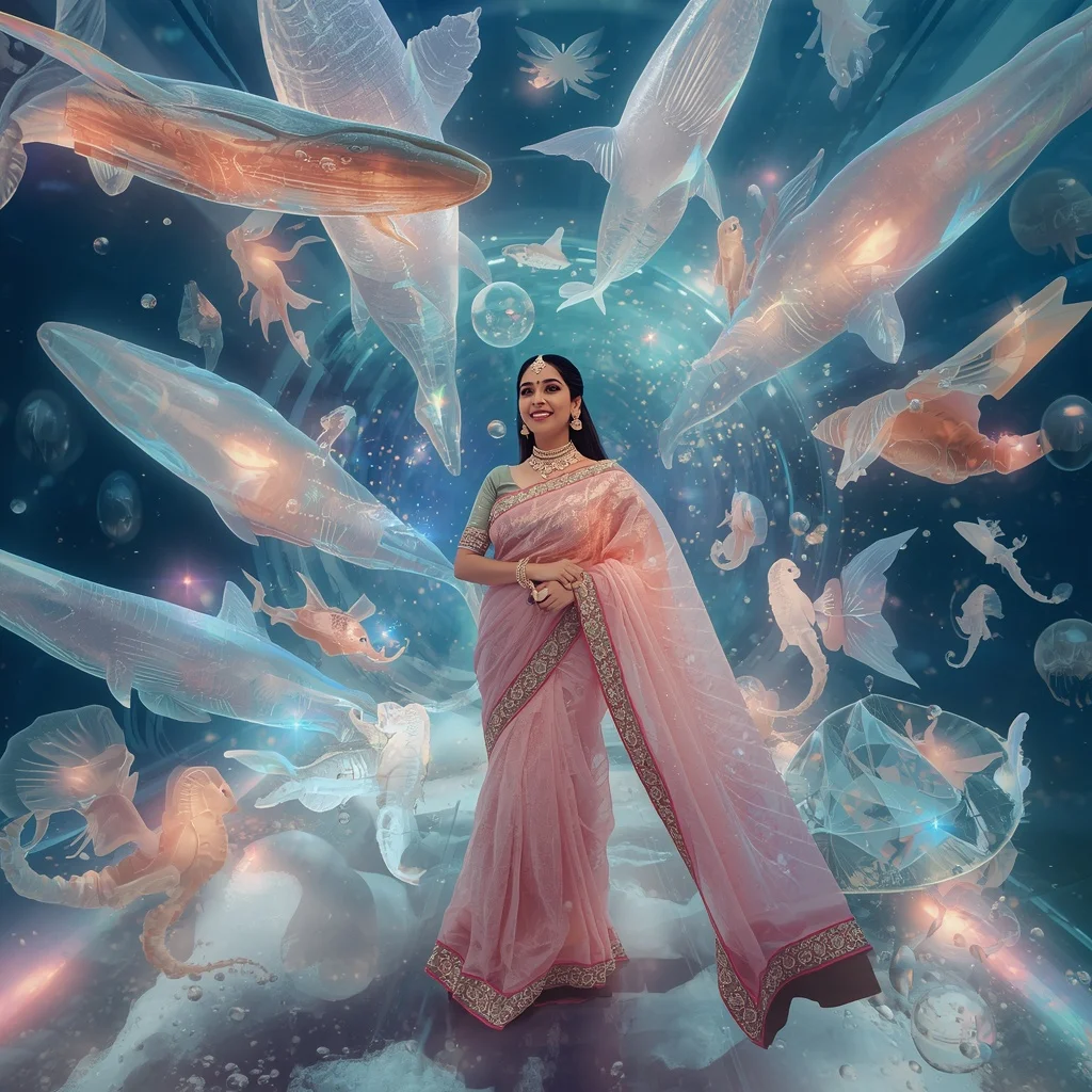 Festive Pastel Saree Celestial Crystal Infinity Aquarium Collage Premium | Leonardo Ai Image Prompt