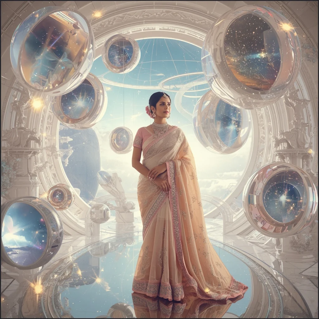Festive Pastel Saree Celestial Crystal Infinity Observatory Collage Premium | Google Prompt