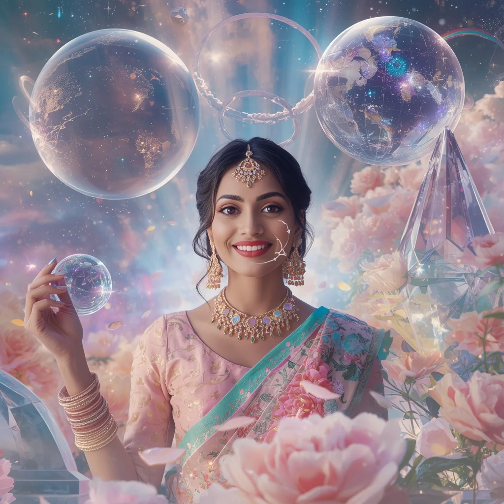 Festive Pastel Saree Celestial Crystal Planetarium Garden Collage Premium Cinematic | Prompt For Gemini AI Girl Style Trending Indian