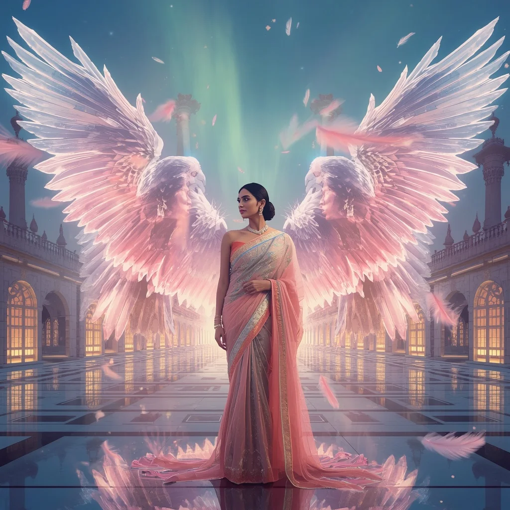 Festive Pastel Saree Celestial Crystal Raven Palace Collage Luxury | Gemini Ai Prompt