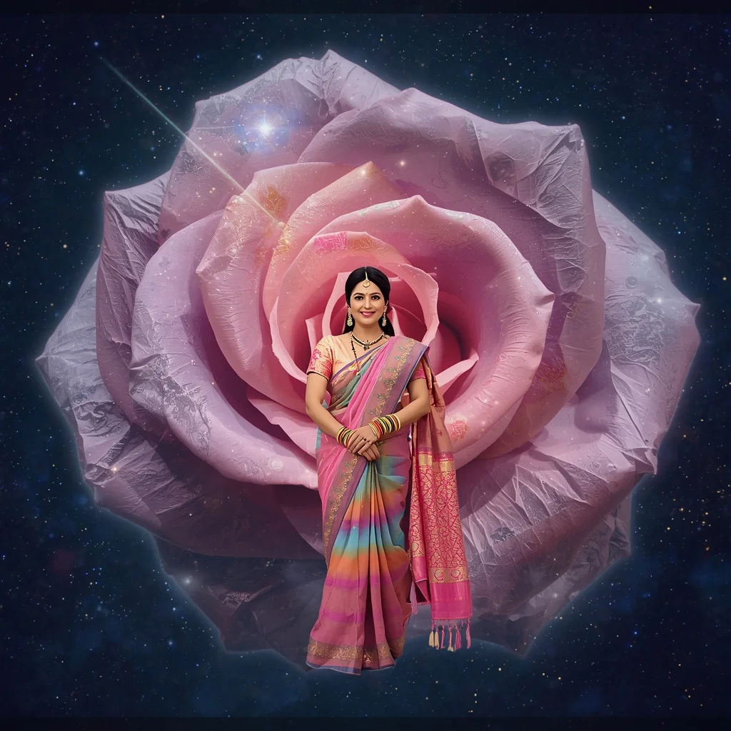 Festive Pastel Saree Celestial Crystal Rose Galaxy Collage Premium | Viral Ai Image Prompt