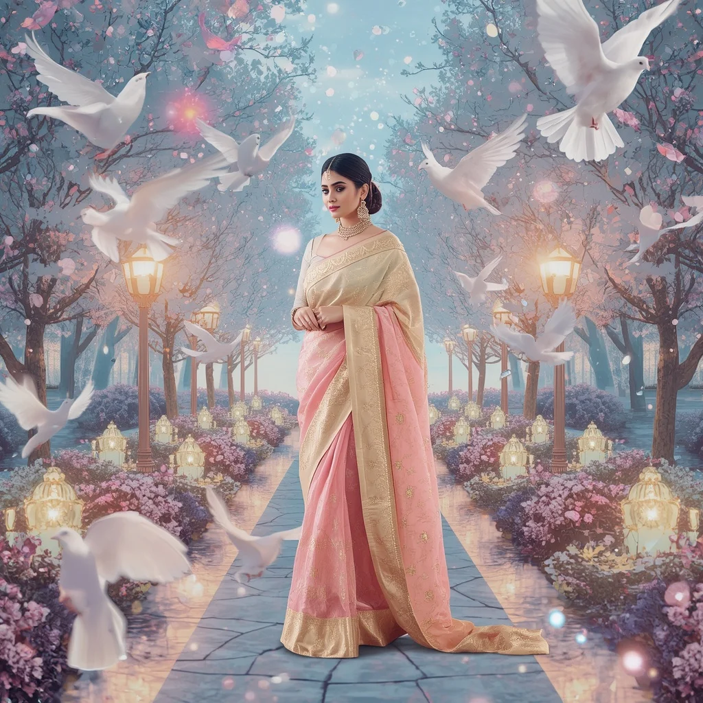 Festive Pastel Saree Celestial Crystal White Dove Sanctuary Collage Premium Editorial | Female Model Ai Prompt