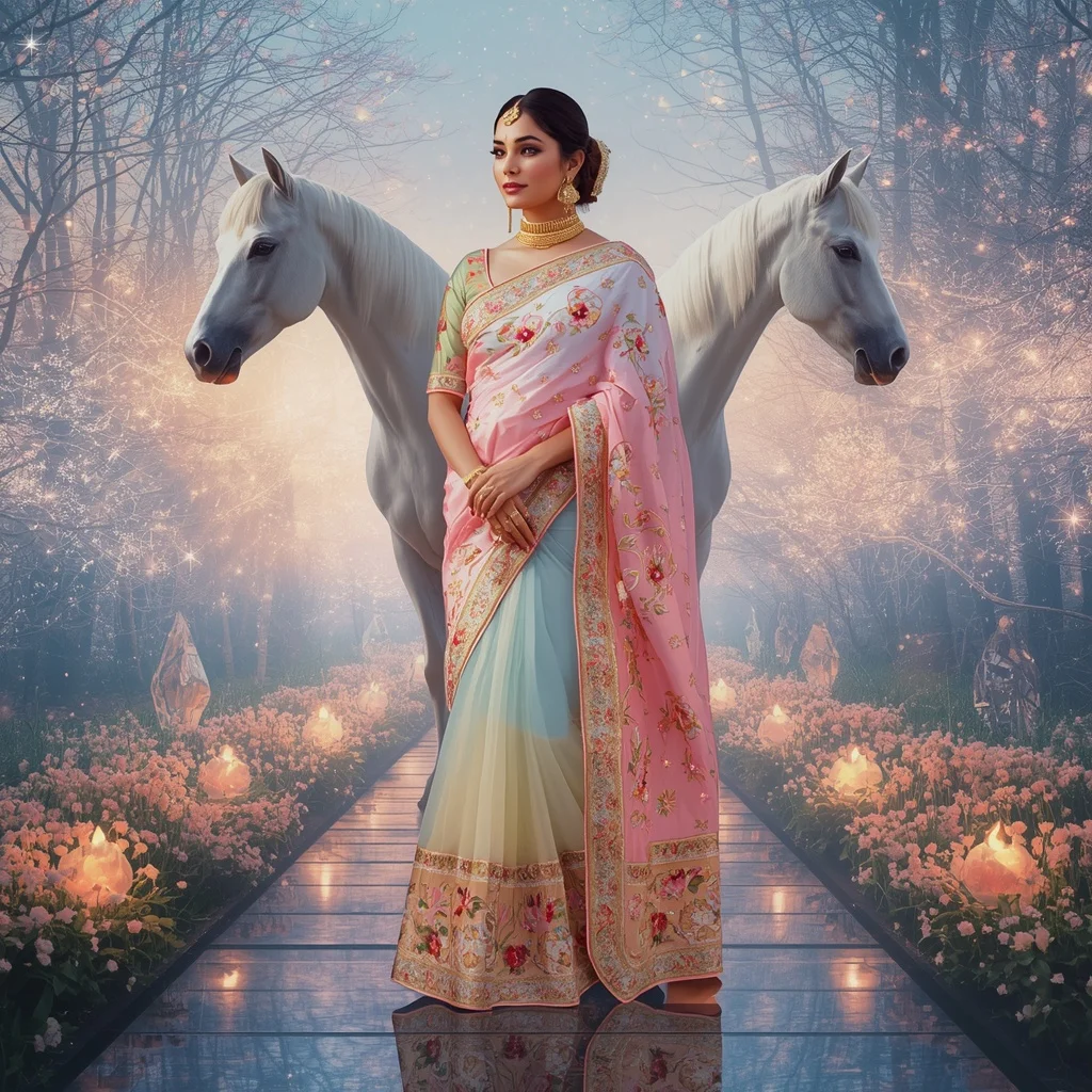 Festive Pastel Saree Celestial Crystal White Horse Sanctuary Collage Premium Editorial | Ai Photo Editing Prompt