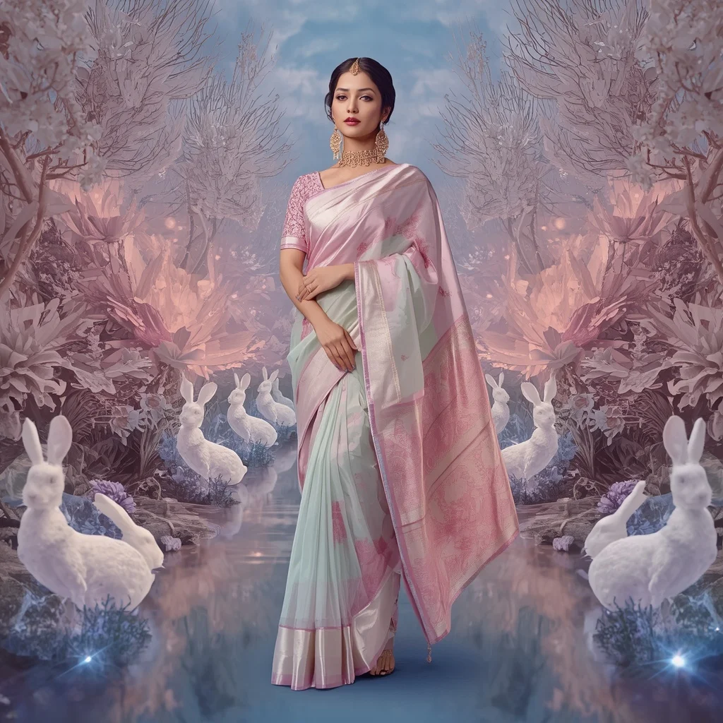 Festive Pastel Saree Celestial Crystal White Rabbit Sanctuary Collage Premium Editorial | Realistic Ai Prompt