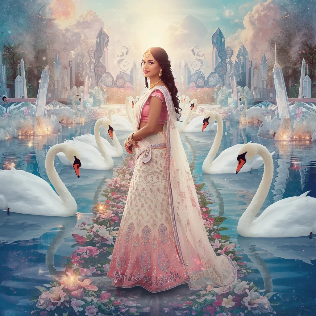 Festive Pastel Saree Celestial Crystal White Swan Kingdom Collage Premium Editorial | New Instagram Trend Prompt For Girl And Boy Copy And Paste