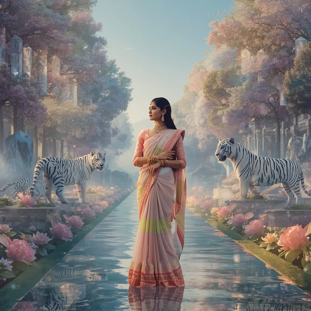 Festive Pastel Saree Celestial Crystal White Tiger Palace Sanctuary Collage Premium Editorial | Gemini Ai Photo Prompt