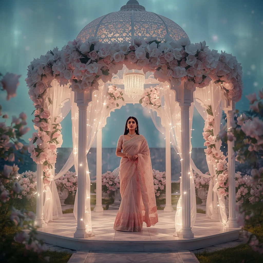 Festive Pastel Saree Celestial Gardenia Aurora Pavilion Collage Luxury | Copy Paste Ai Prompt