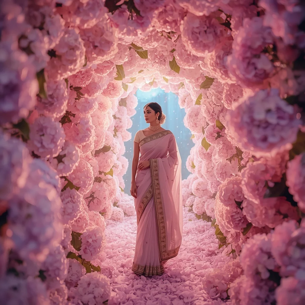 Festive Pastel Saree Celestial Hydrangea Aurora Palace Collage Luxury | Prompt Image