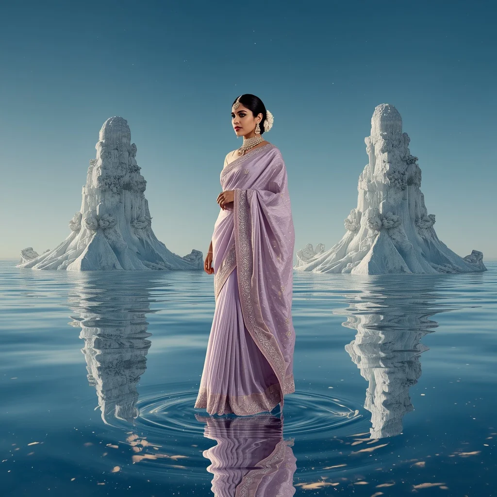 Festive Pastel Saree Celestial Mirror Ocean Crown Collage | Woman Pose Ai Prompt