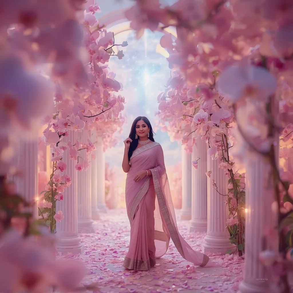 Festive Pastel Saree Celestial Orchid Aurora Palace Collage Luxury | Prompt Seen Gemini Girl Instagram
