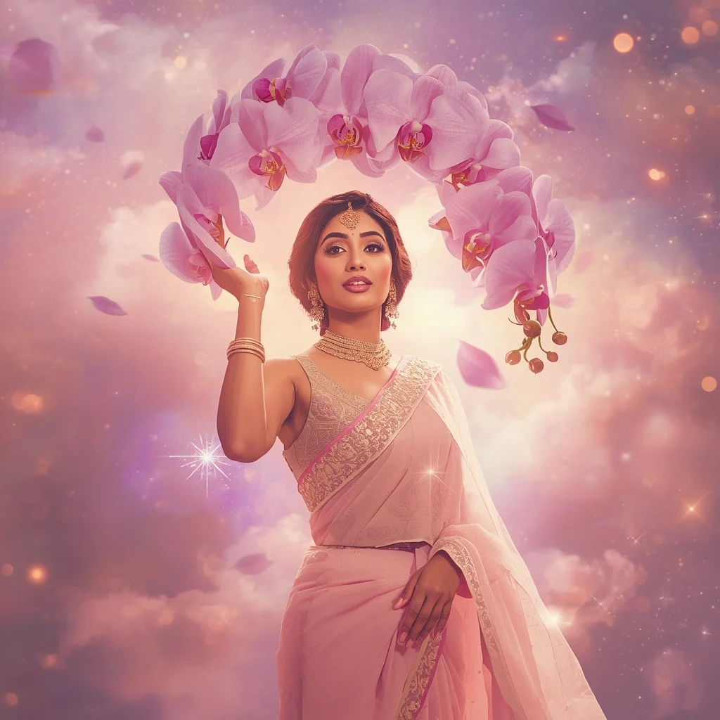 Festive Pastel Saree Celestial Orchid Crown Galaxy Collage Luxury | ChatGPT Photo Editing Prompts For Girl