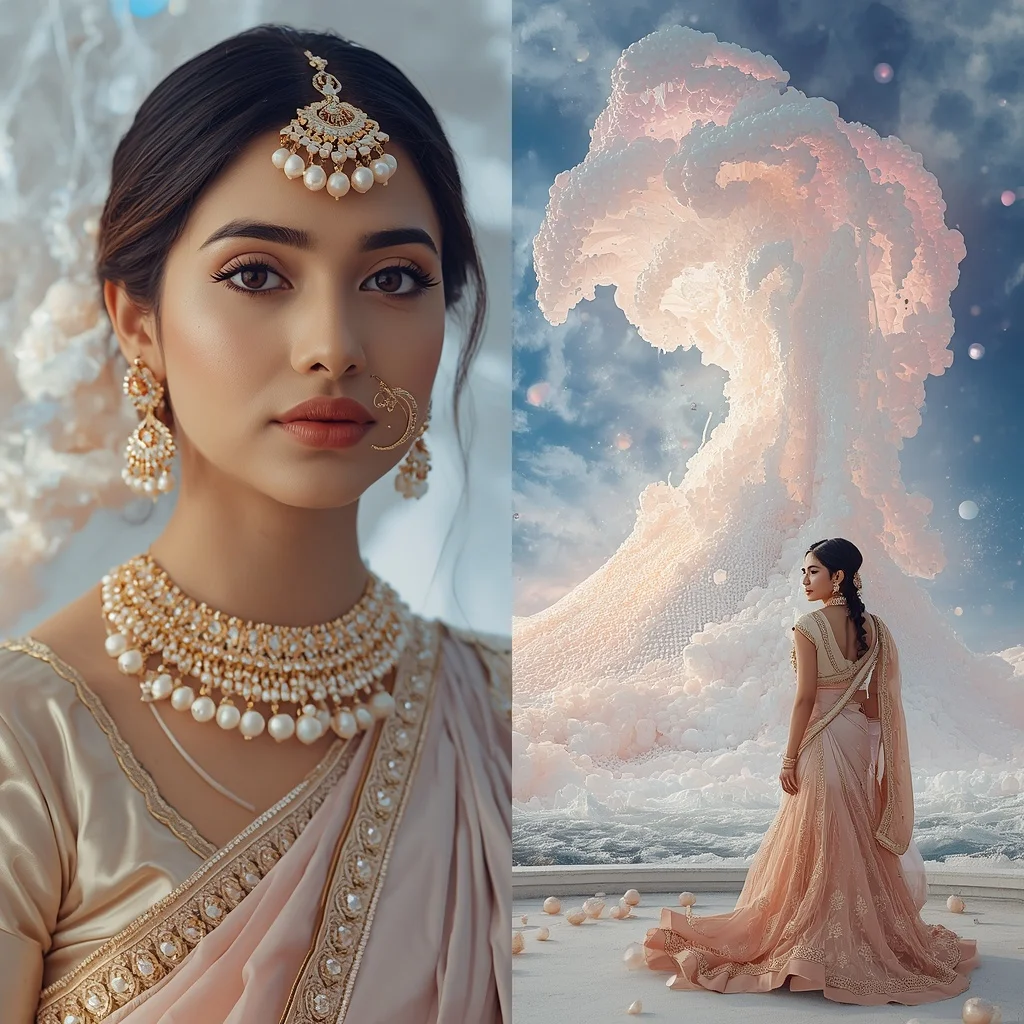 Festive Pastel Saree Celestial Pearl Tsunami Kingdom Collage | Sora Ai Prompt