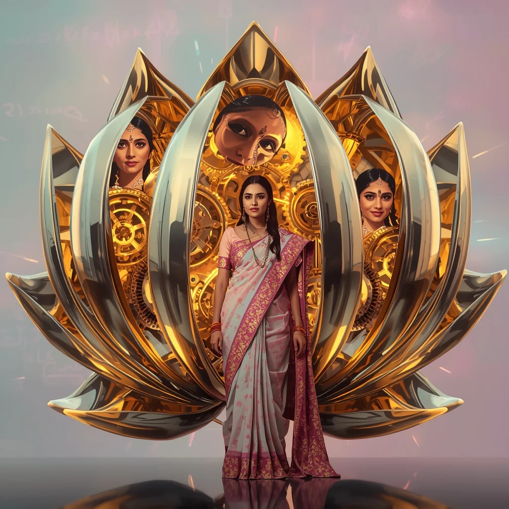 Festive Pastel Saree Clockwork Lotus Unfolding Collage Cinematic Aesthetic | Gemini Saree Prompt Text