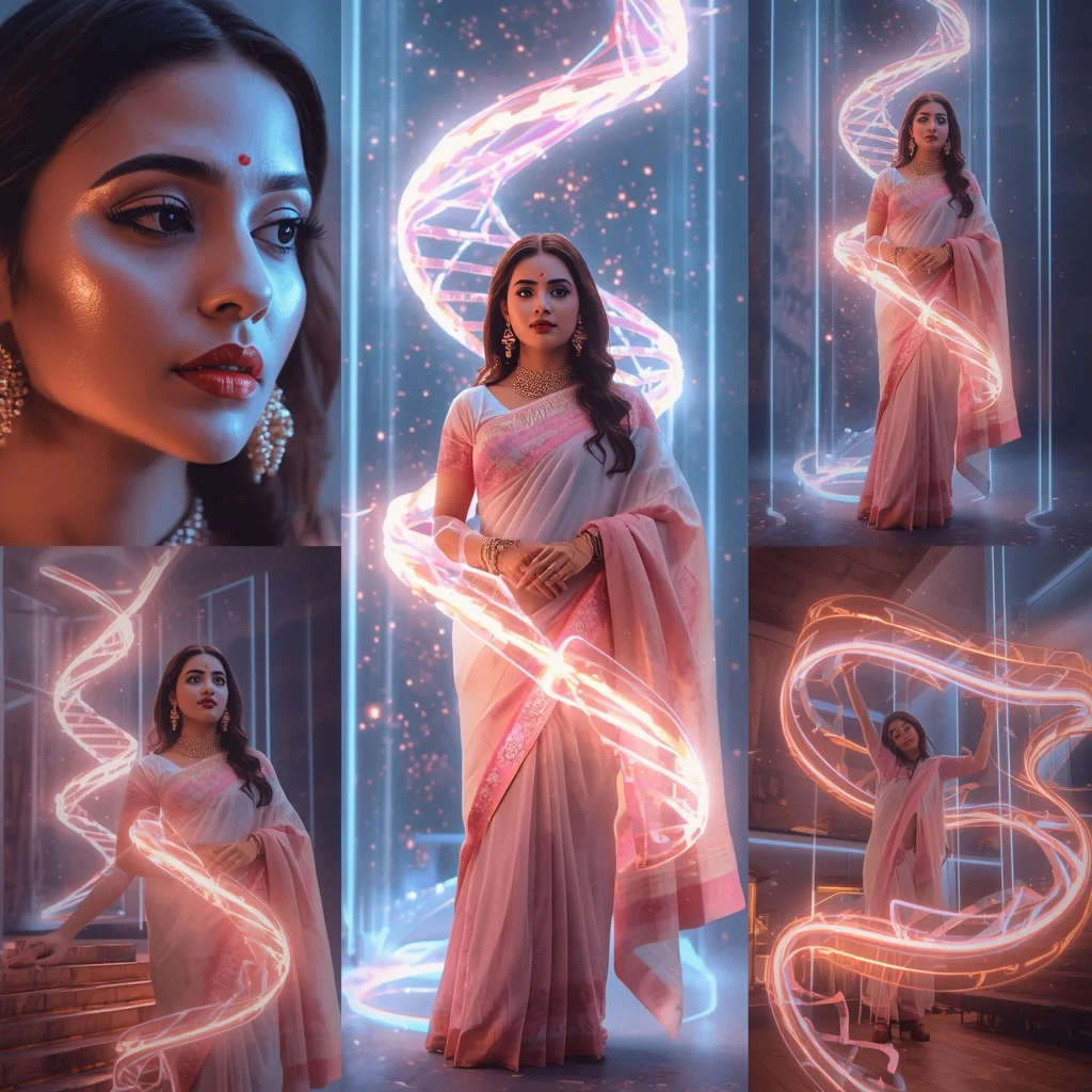 Festive Pastel Saree Cosmic DNA Helix Energy Collage | Bio-Light Fusion Prompt | Saree Reel Ai Prompt