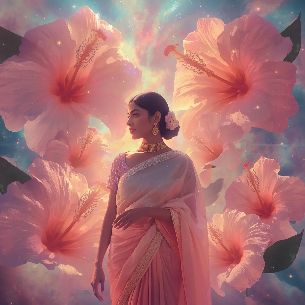 Festive Pastel Saree Cosmic Hibiscus Nebula Garden Collage Modern Cinematic | Prompt For Traditional Look On Instagram