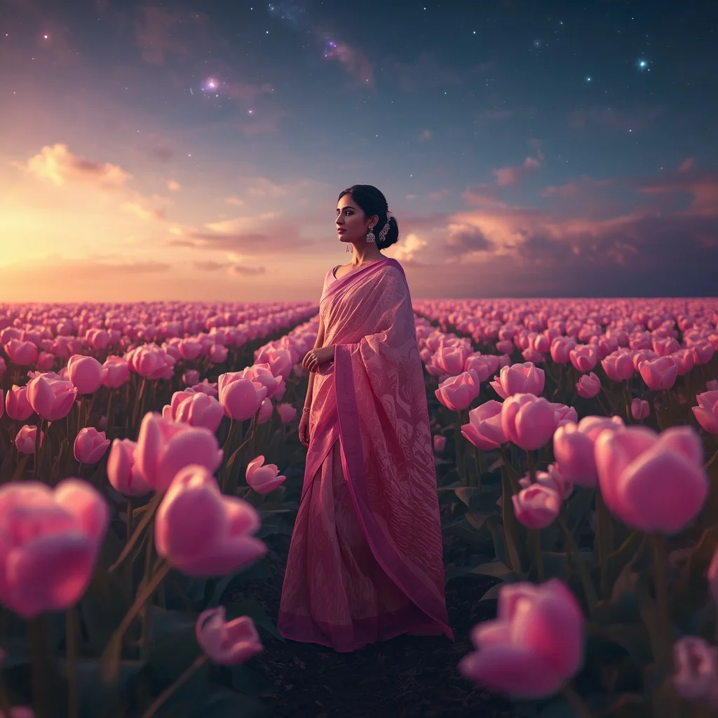 Festive Pastel Saree Cosmic Star Tulip Valley Collage Modern Cinematic | Ai Gemini Photo Prompt