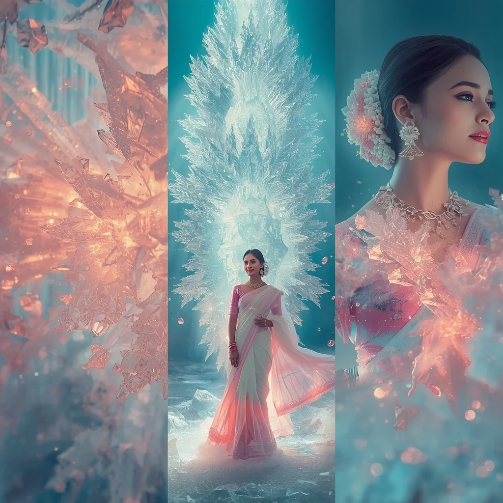 Festive Pastel Saree Cryogenic Frost Fractal Architecture Collage Advanced Design | Prompt For Traditional Look For Couple
