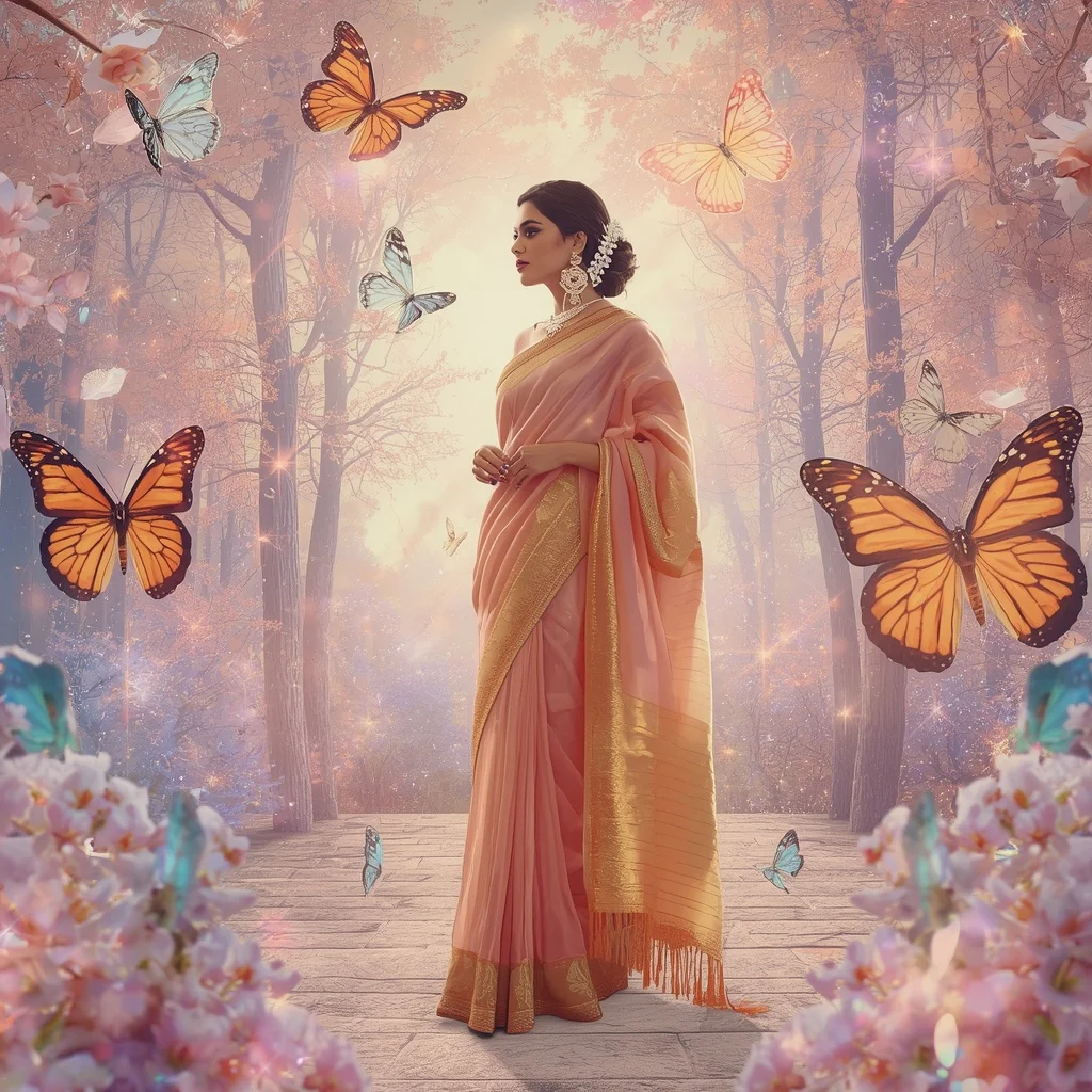 Festive Pastel Saree Crystal Aurora Butterfly Kingdom Collage Premium Masterpiece | Gemini Ai Photo