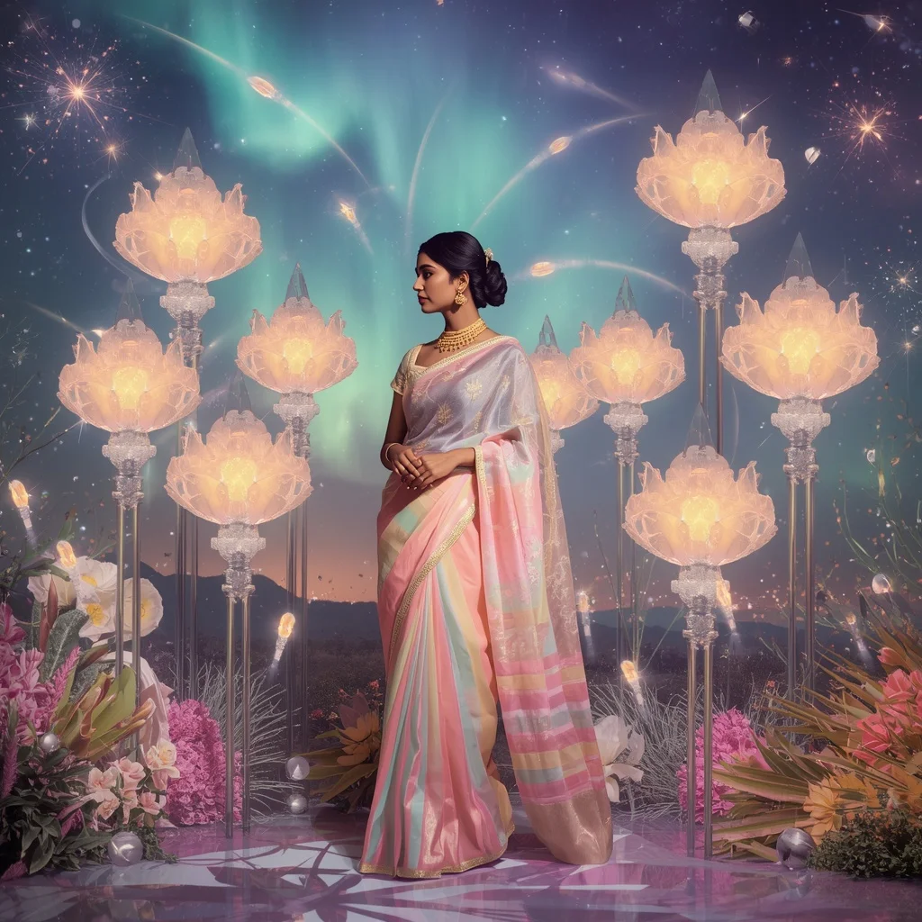 Festive Pastel Saree Crystal Aurora Comet Garden Collage Luxury | Gemini Photo Editing Prompt
