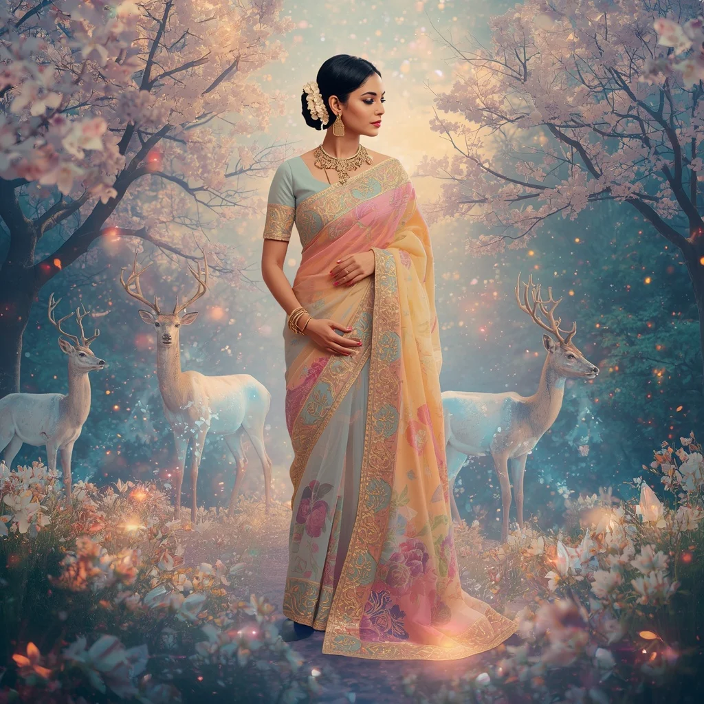 Festive Pastel Saree Crystal Aurora Deer Kingdom Collage Premium Masterpiece | Prompt Seen Girl Photo Editing Trending Instagram
