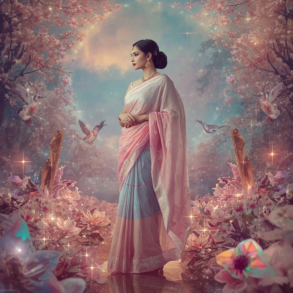 Festive Pastel Saree Crystal Aurora Hummingbird Kingdom Collage Premium Masterpiece | Prompt For Traditional Look For Couple