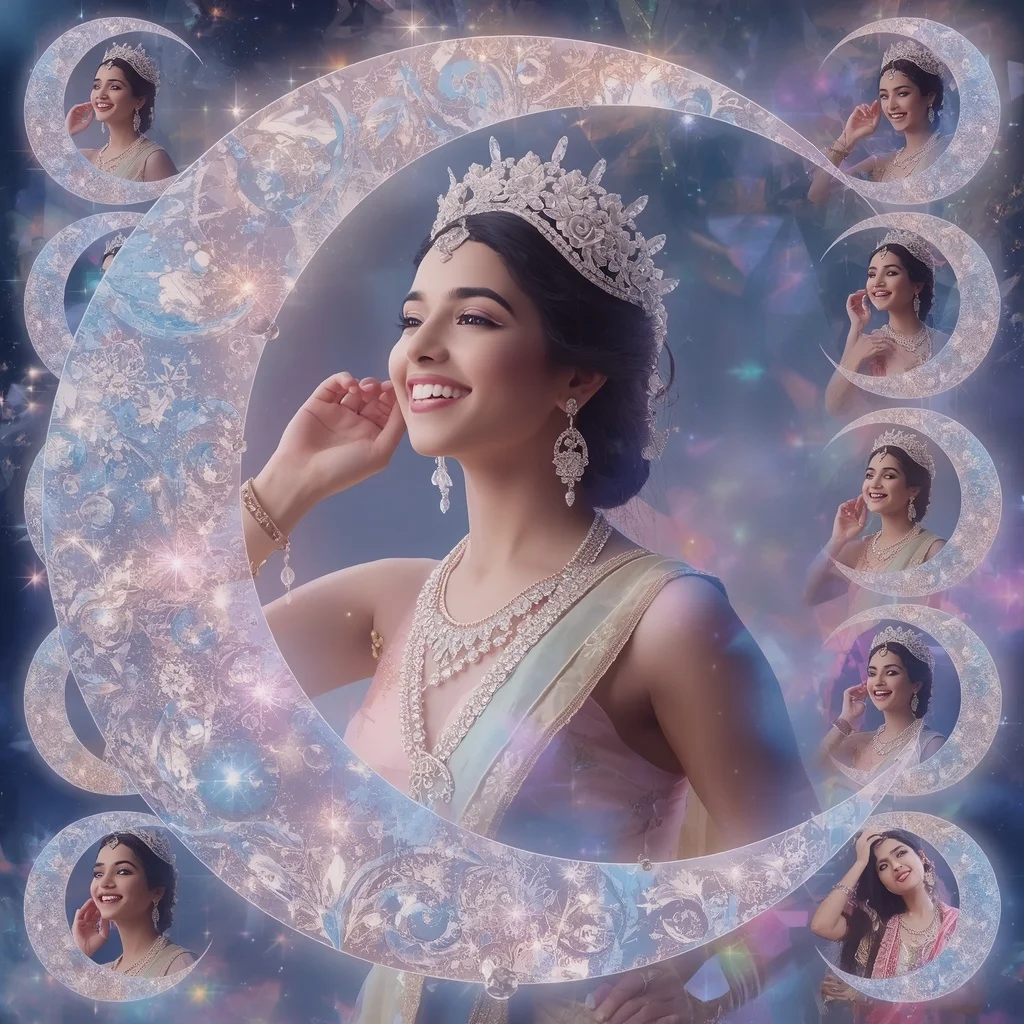 Festive Pastel Saree Crystal Aurora Moon Crown Collage Premium | Google Prompt