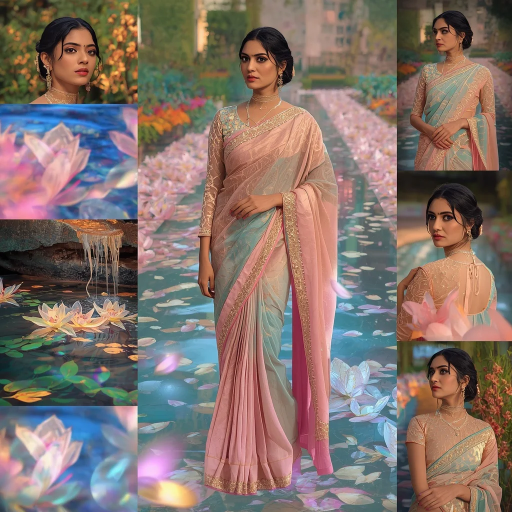 Festive Pastel Saree Crystal Aurora Petal Water Garden Collage Luxury Fashion | Realistic Ai Prompt