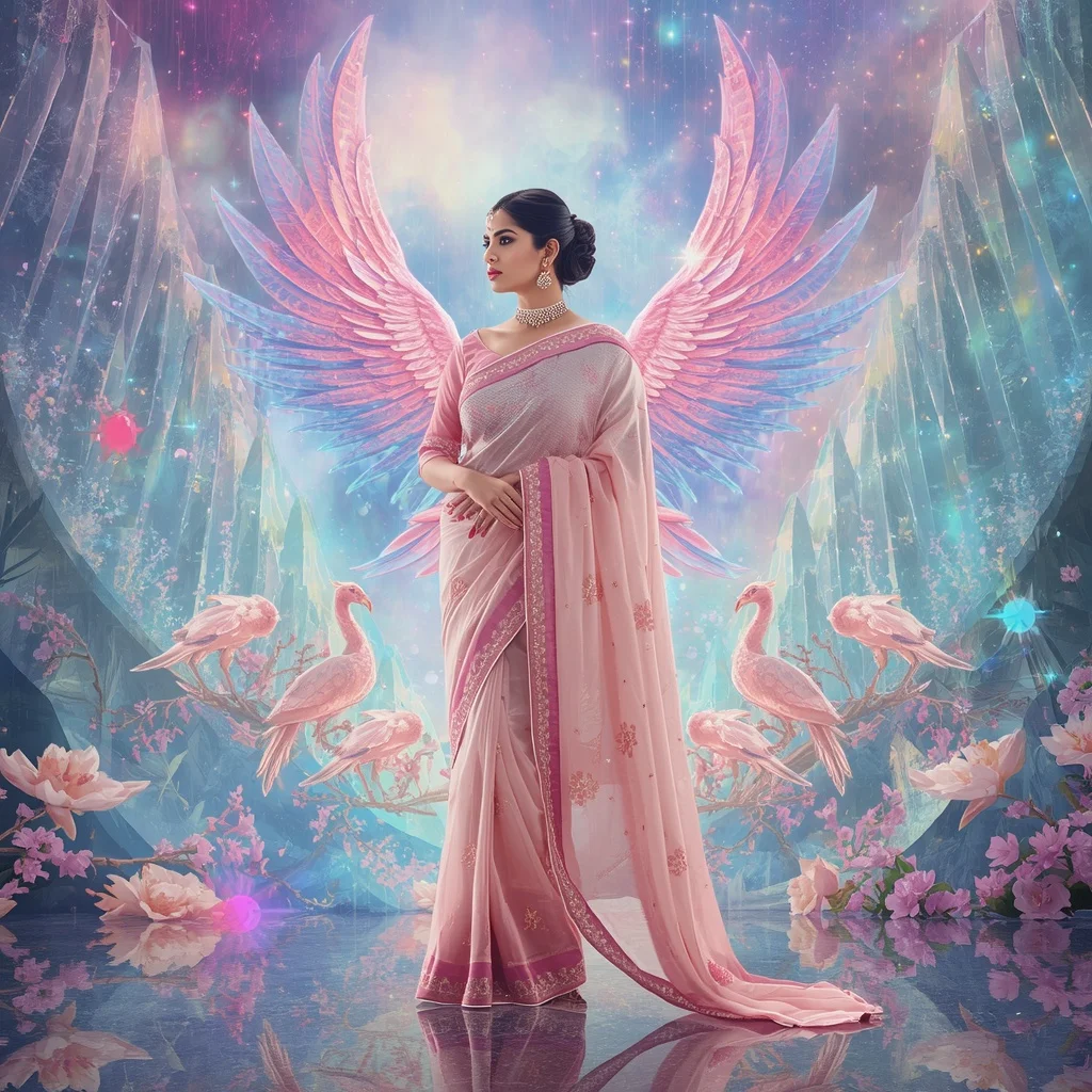 Festive Pastel Saree Crystal Aurora Phoenix Queen Realm Collage Premium Masterpiece | Ai Prompt For Social Media