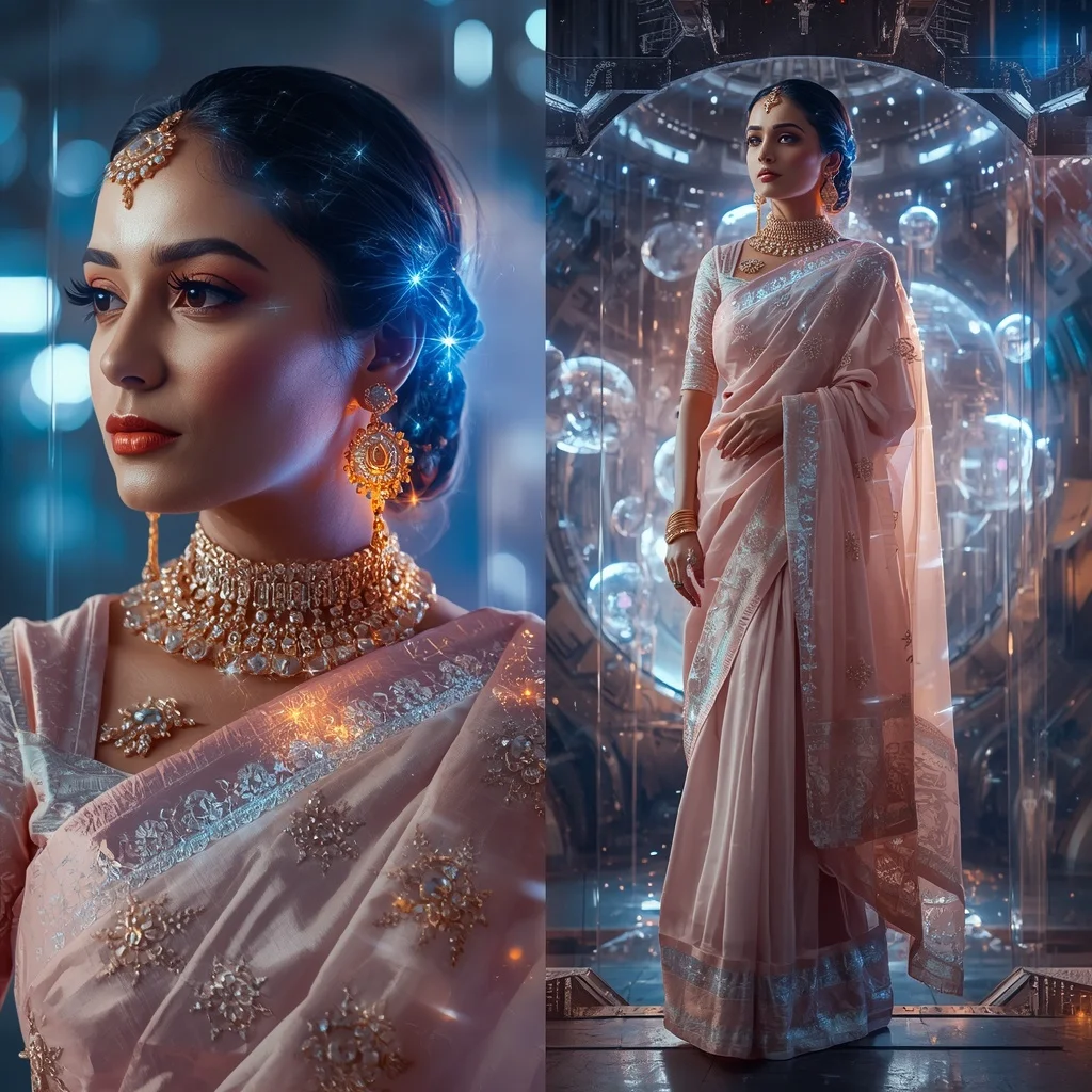 Festive Pastel Saree Crystal Aurora Planet Forge Collage | Prompt For Gemini AI Girl Model