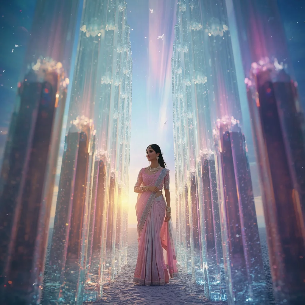 Festive Pastel Saree Crystal Aurora Rainbow Citadel Collage Premium | Trending Ai Prompt