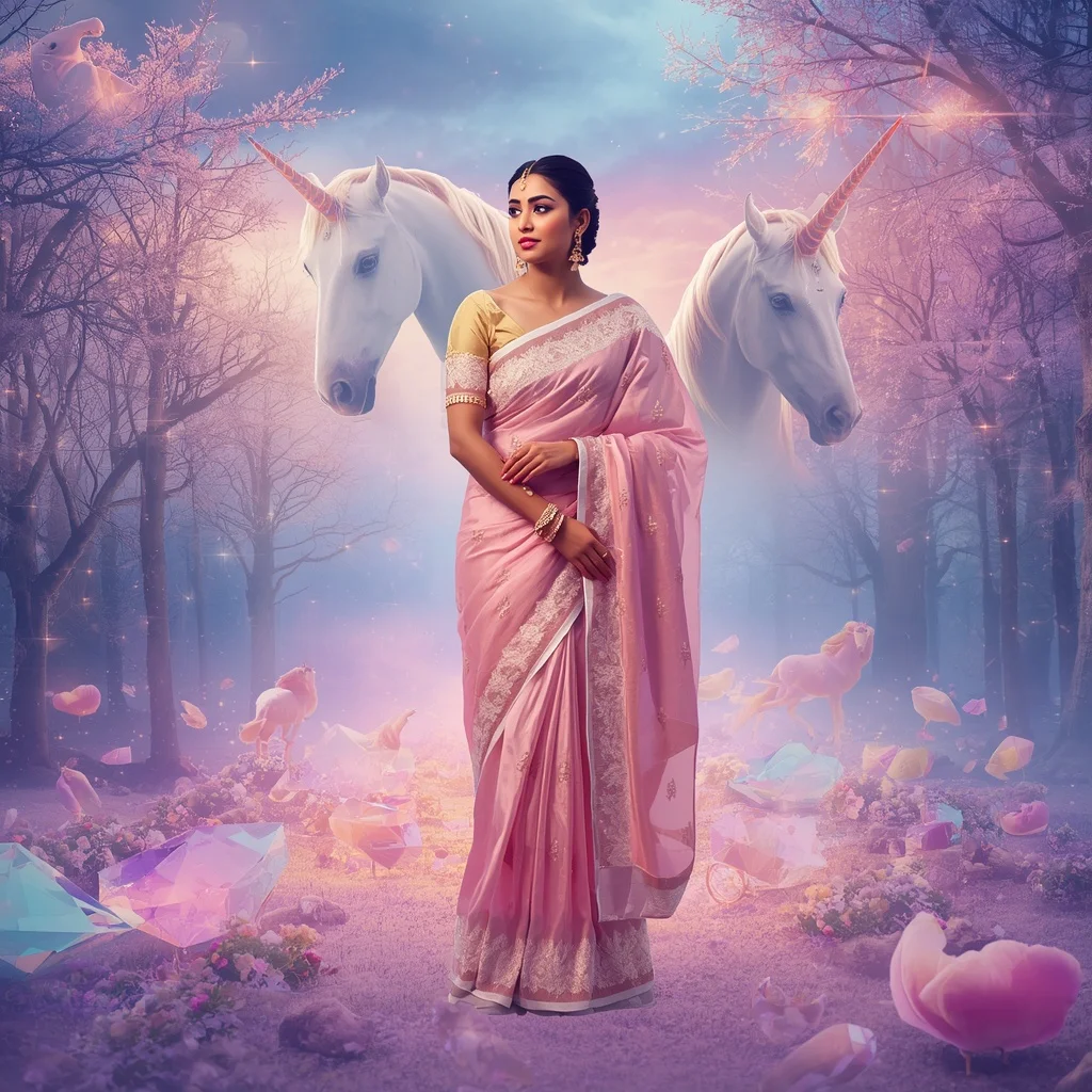Festive Pastel Saree Crystal Aurora Unicorn Empress Realm Collage Premium Masterpiece | Prompt AI For Girl