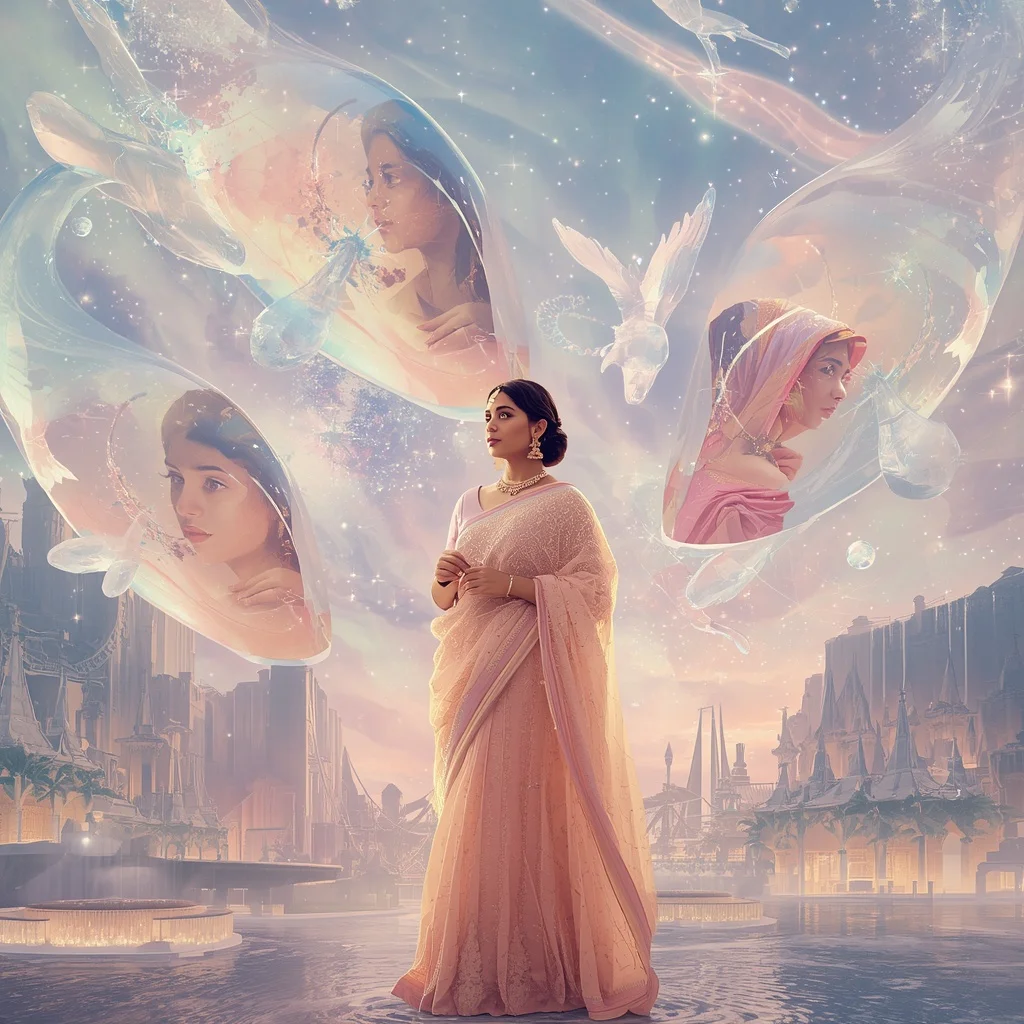 Festive Pastel Saree Crystal Aurora Whale Kingdom Collage Luxury | ChatGPT Photo Editing Prompts Trending Instagram For Girl