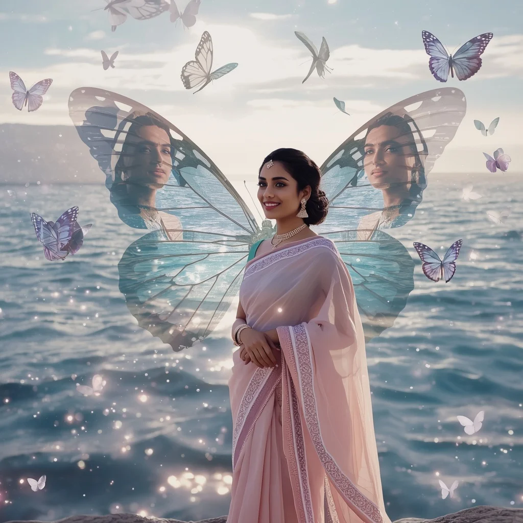 Festive Pastel Saree Crystal Celestial Butterfly Ocean Collage Premium | Prompt For Traditional Look For Girl Chatgpt Instagram