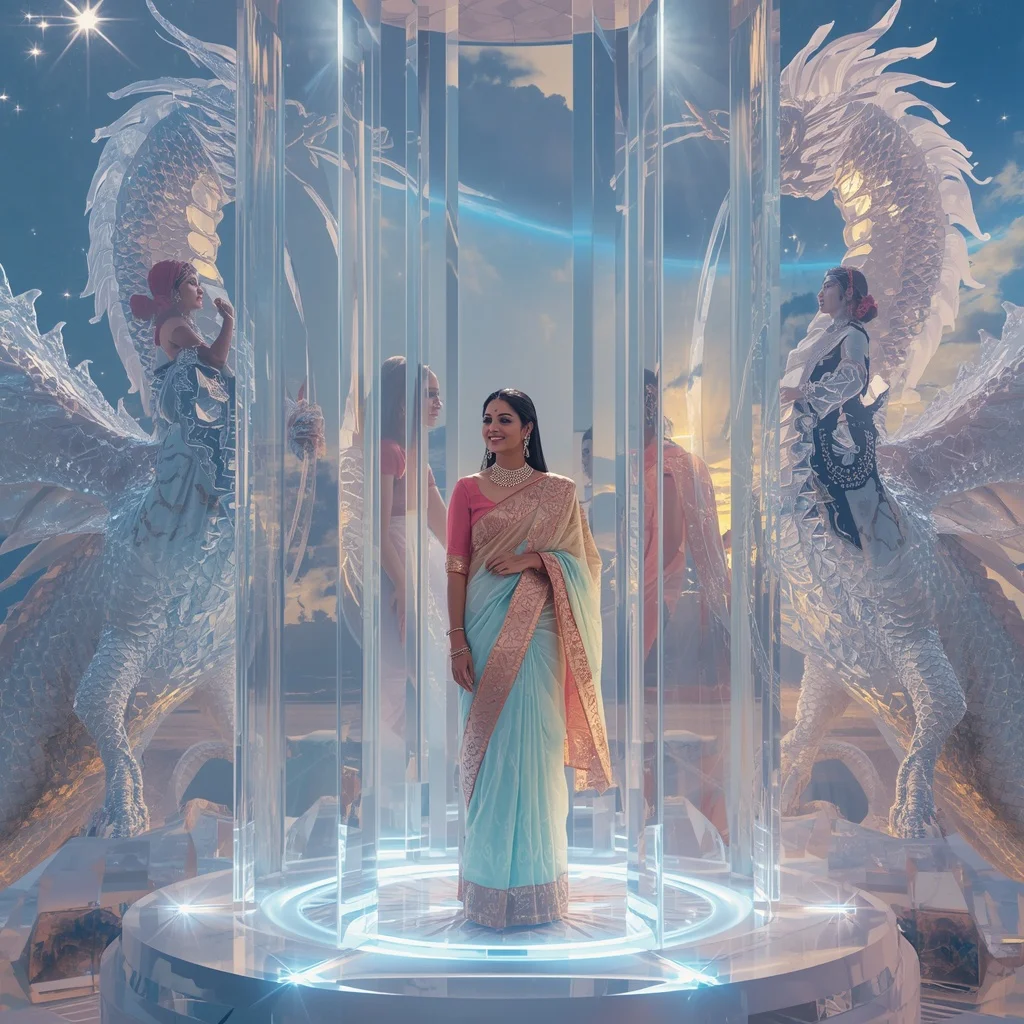Festive Pastel Saree Crystal Celestial Dragon Queen Fortress Collage Premium Cinematic | Fantasy Ai Prompt