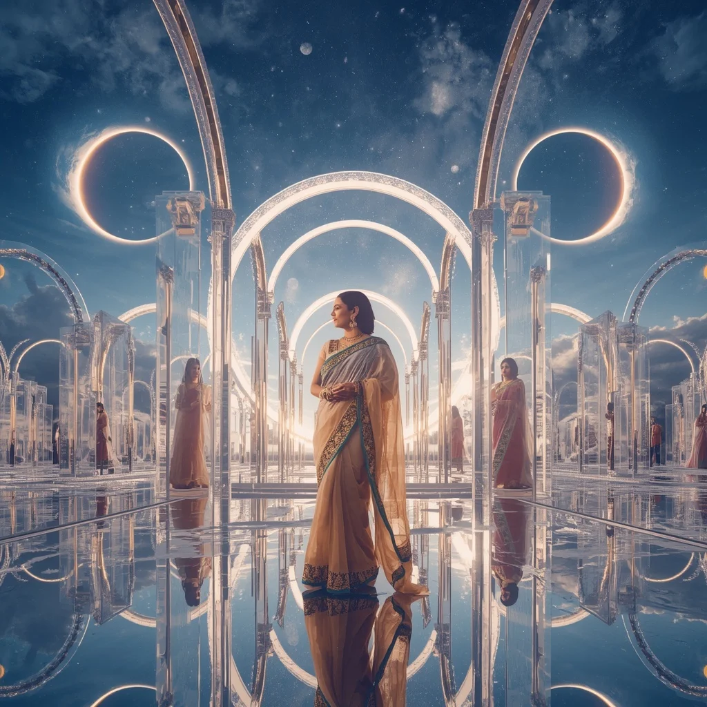 Festive Pastel Saree Crystal Celestial Eclipse Palace Collage Premium Cinematic | Prompt For Gemini AI Girl