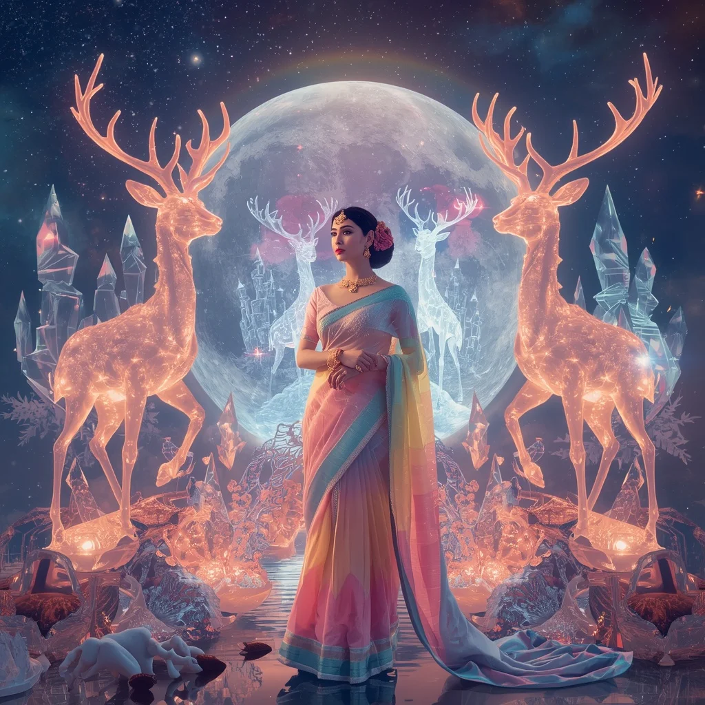 Festive Pastel Saree Crystal Celestial Moon Deer Kingdom Luxury Collage | Gemini Photo Editing Prompt