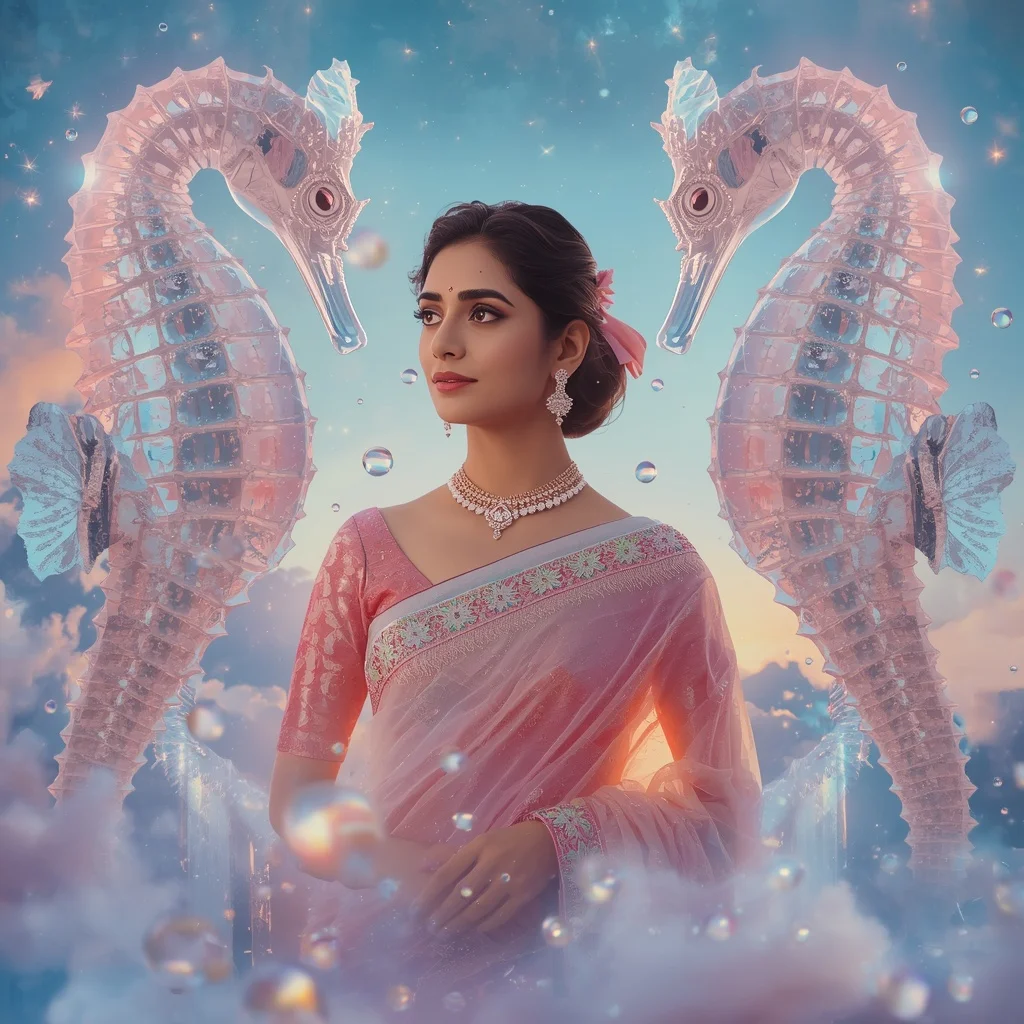 Festive Pastel Saree Crystal Celestial Seahorse Kingdom Collage Premium | Romantic Ai Prompt