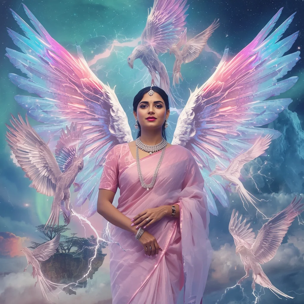 Festive Pastel Saree Crystal Celestial Thunder Phoenix Realm Collage Premium | Pre Wedding Ai Prompt