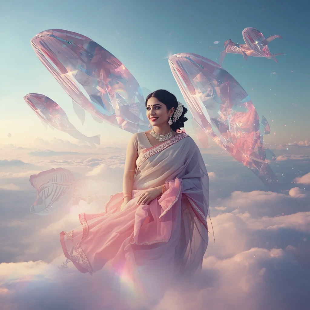 Festive Pastel Saree Crystal Celestial Whale Kingdom Collage Premium | Prompt Seen Girl Photo Editing Trending Instagram