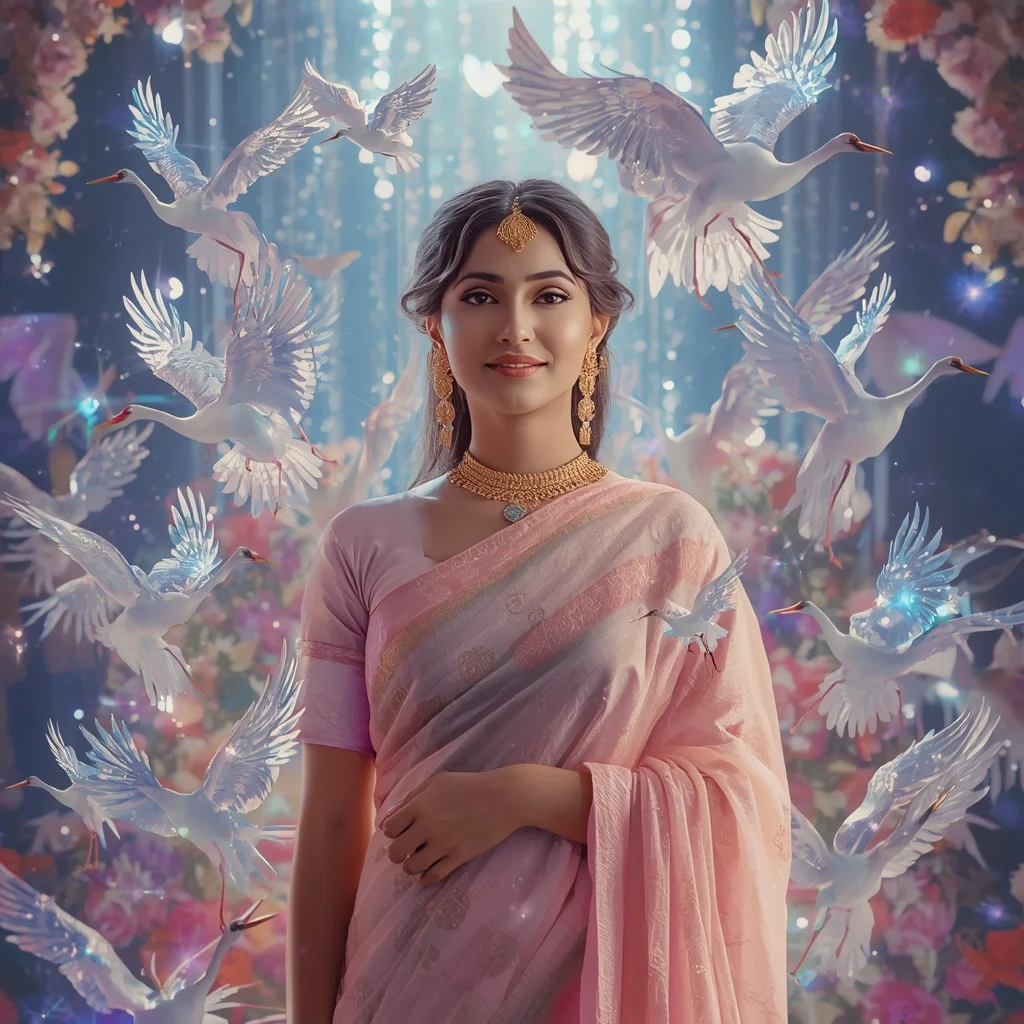 Festive Pastel Saree Crystal Crane Starlight Garden Collage Premium | Sora Ai Prompt