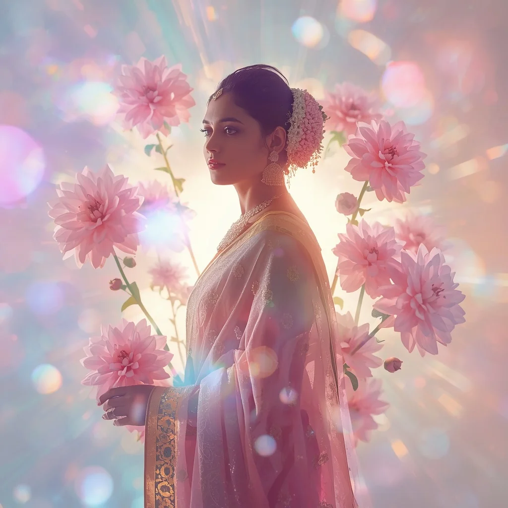 Festive Pastel Saree Crystal Dahlia Light Burst Collage Cinematic | Cinematic Ai Prompt