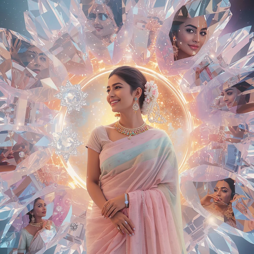Festive Pastel Saree Crystal Diamond Solar Bloom Collage Premium | 4k Ai Prompt