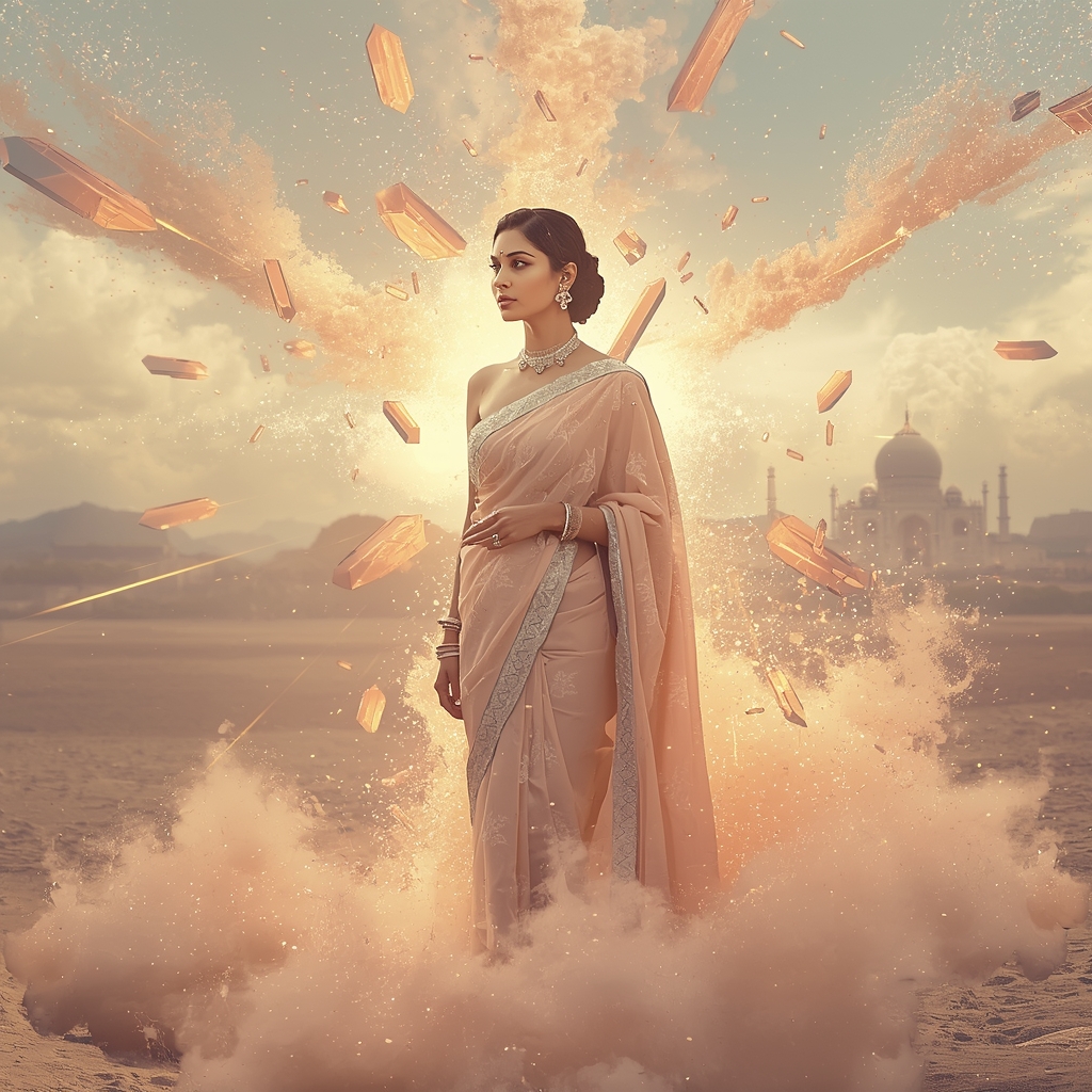 Festive Pastel Saree Crystal Dust Horizon Implosion Collage | Radiant Collapse Empress Prompt | Saree Girl Ai Prompt
