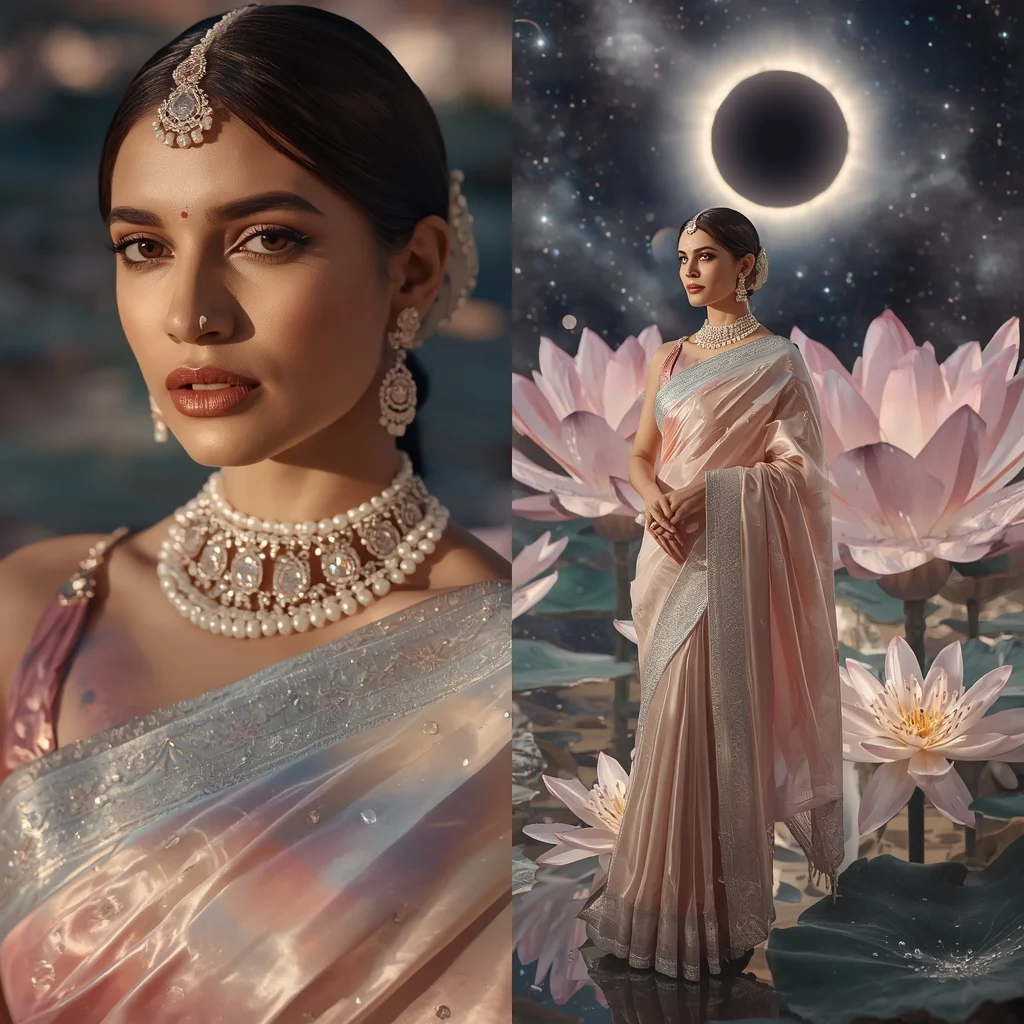 Festive Pastel Saree Crystal Eclipse Lotus Universe Collage | Ai Gemini Prompt