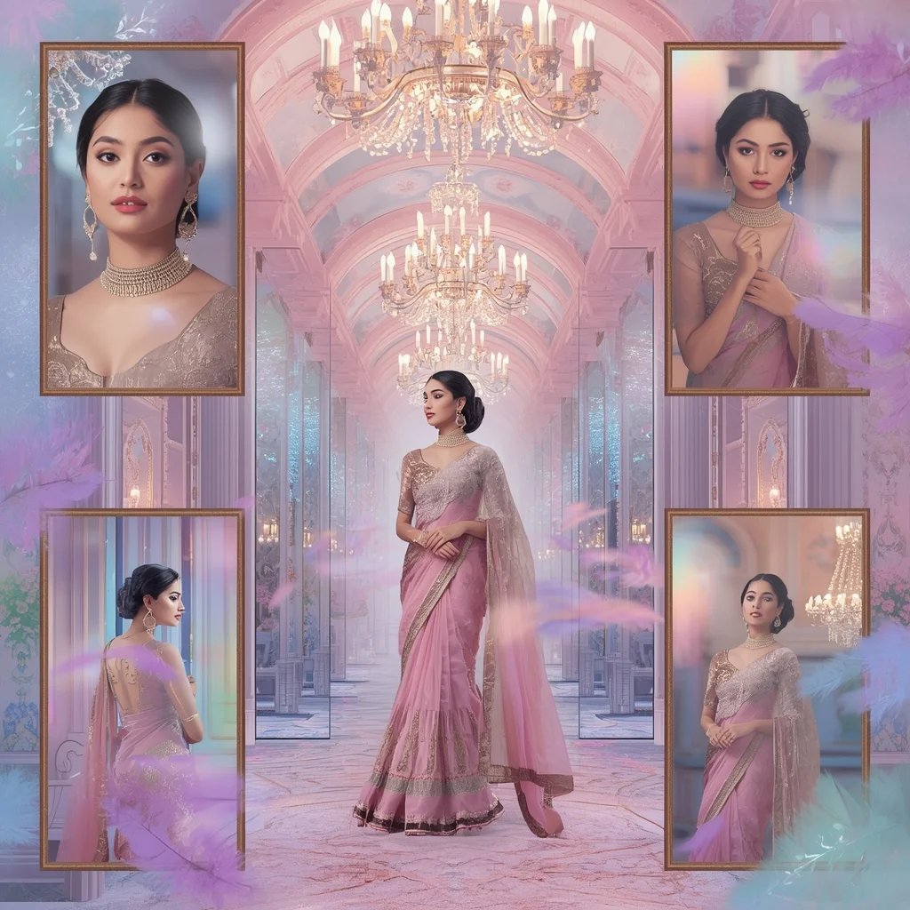 Festive Pastel Saree Crystal Feather Aurora Palace Fantasy | Retro Style Prompt For Gemini Girl In Saree Copy And Paste