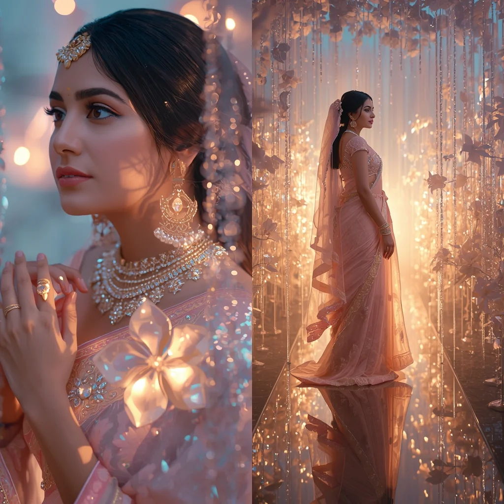 Festive Pastel Saree Crystal Garden Luminal Bloom Mirror Realm Collage | Royal Fantasy Prompt | Gemini Ai Saree Photo